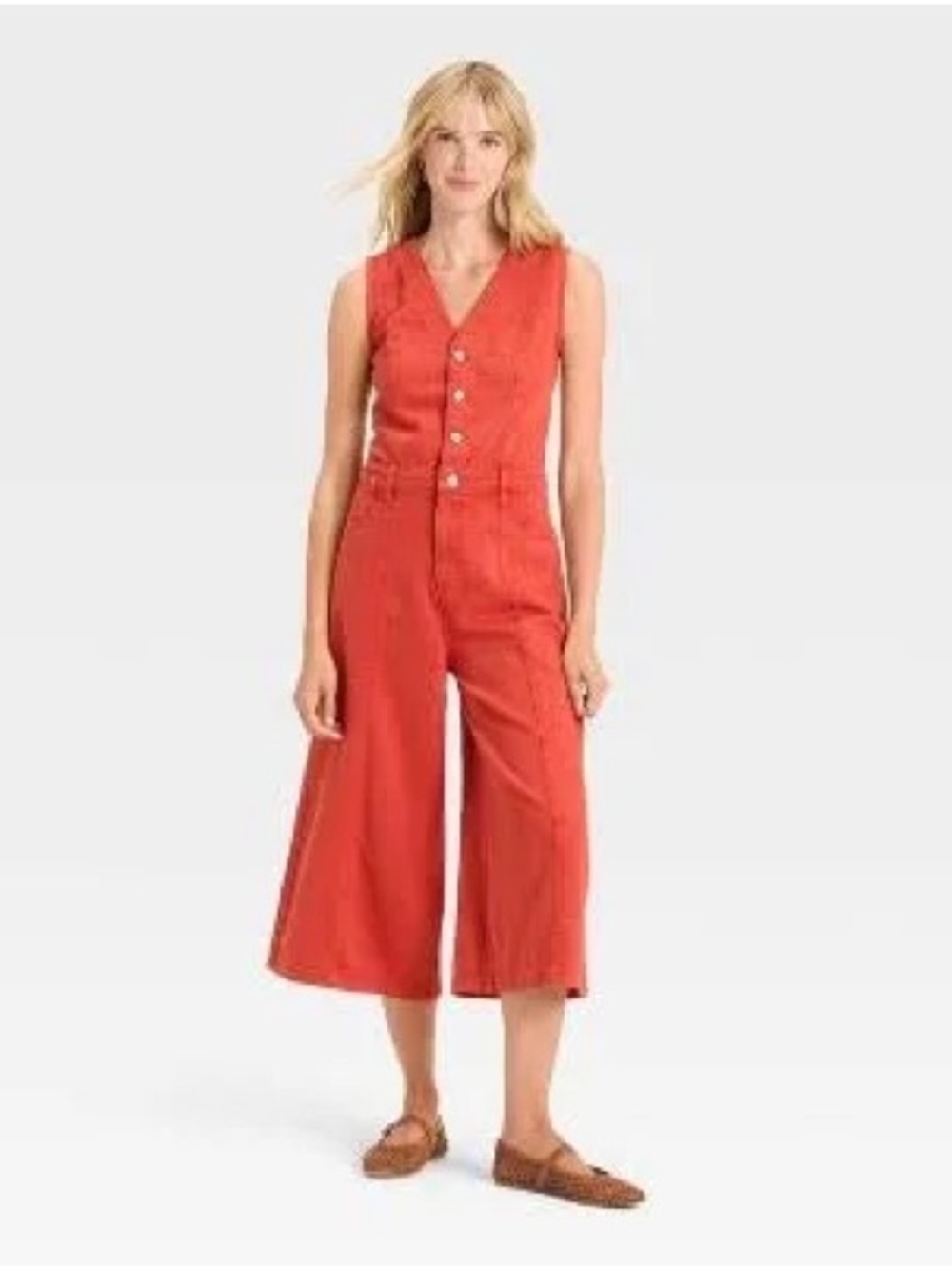 Universal Thread Sleeveless Button-Front Cropped Wide-Leg Jumpsuit in Rust